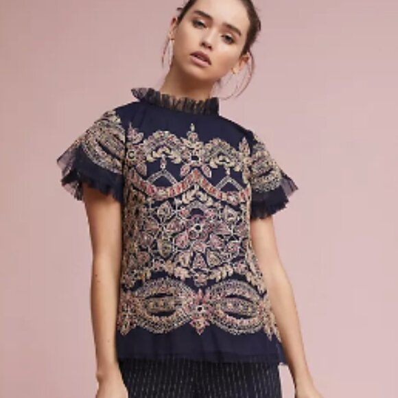 Anthropologie, Ranna Gill Blue Ornate Embroidery Top - Picture 7 of 8